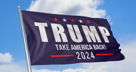 Blue flag are proclaiming "TRUMP TAKE AMERICAN BACK 2024"