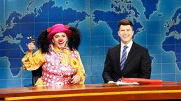a news anchor and Goober the clown