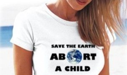 A girl wearing white t-shirt where written "ABORT A CHILD""
