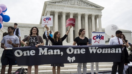6 Protestors are in front of supreme court saying on one man and one woman marriage